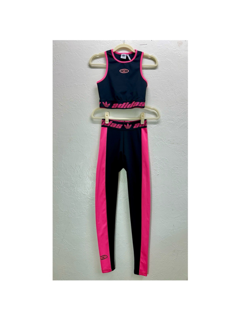 adidas Originals Multiple Logo Crop Tank & Leggings Set S Black Pink Activewear